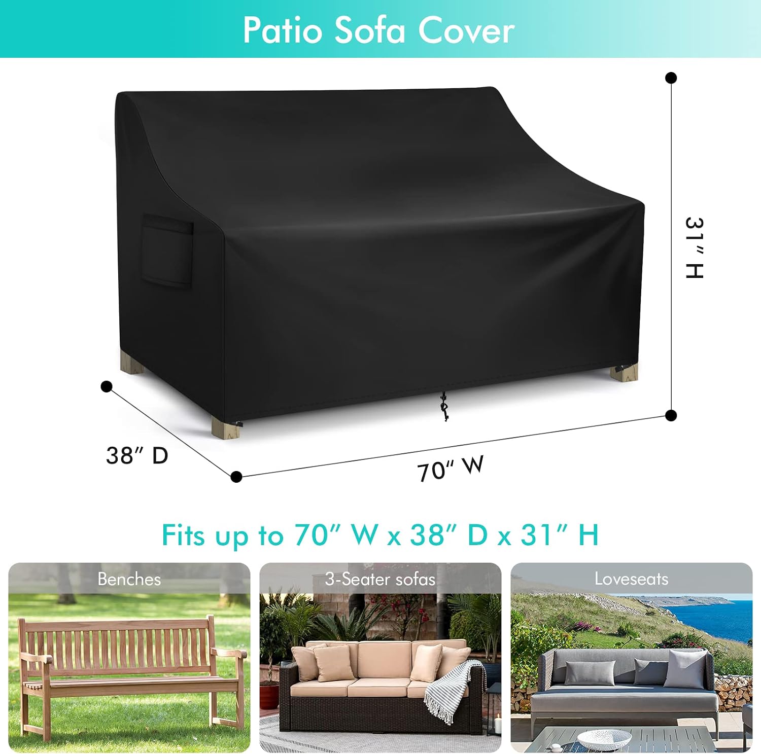 Detalle 2 de WLEAFJ Patio Sofa Cover, Waterproof Oxford Cover with Air Vent, 70 x 38 x 31 in
