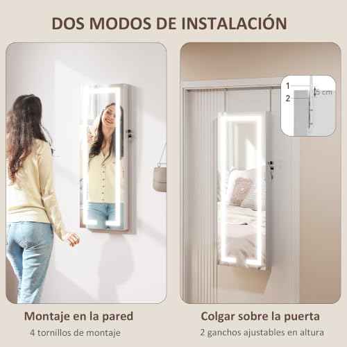 Detalle 2 de HOMCOM espejo joyero con LED, cerradura y organizadores para joyas