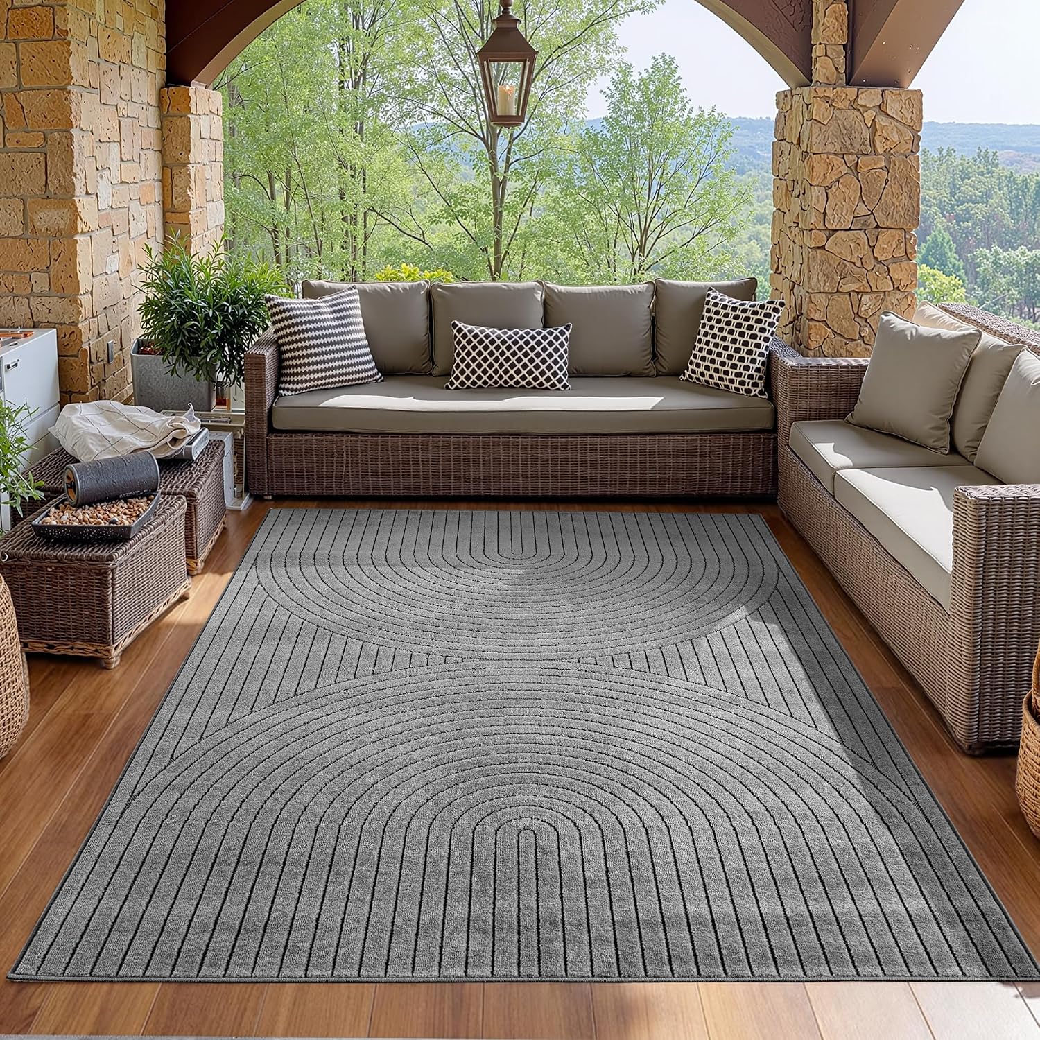 Detalle 2 de SIMPEX Outdoor Teppich wetterfest 200x290 cm – Kurzflor mit Hoch-Tief-Effekt, grau