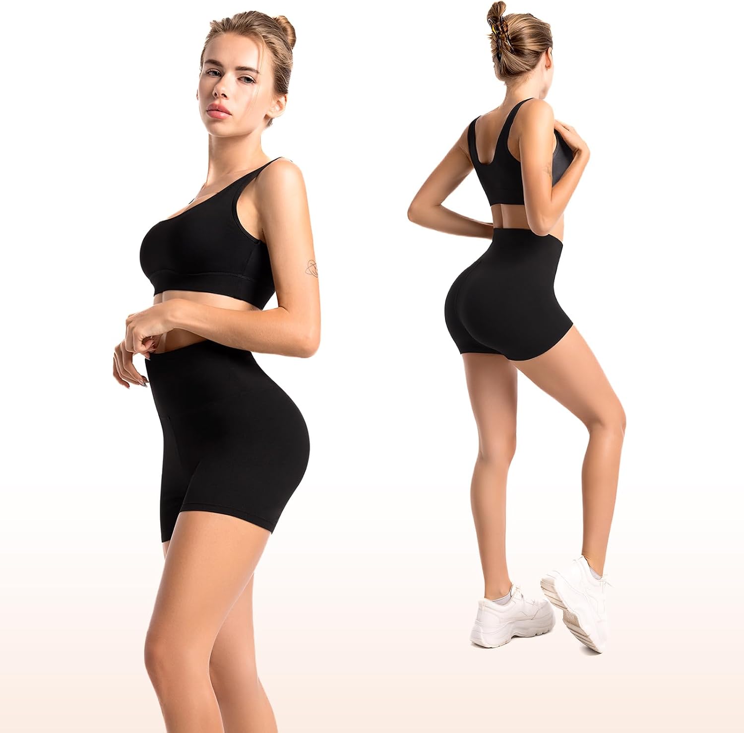 Detalle de Leafigure Lot de 2 shorts de cyclisme pour femme – Taille haute, opaques – Été, gym et fitness