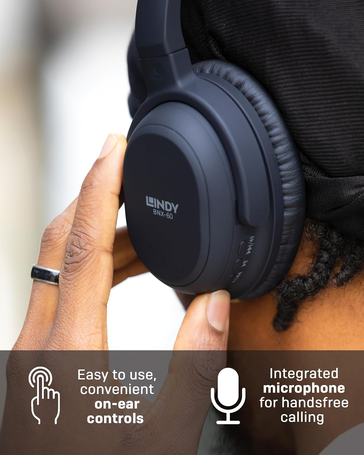 Detalle de LINDY BNX-60 Wireless ANC Headphones (Matt Black) with aptX