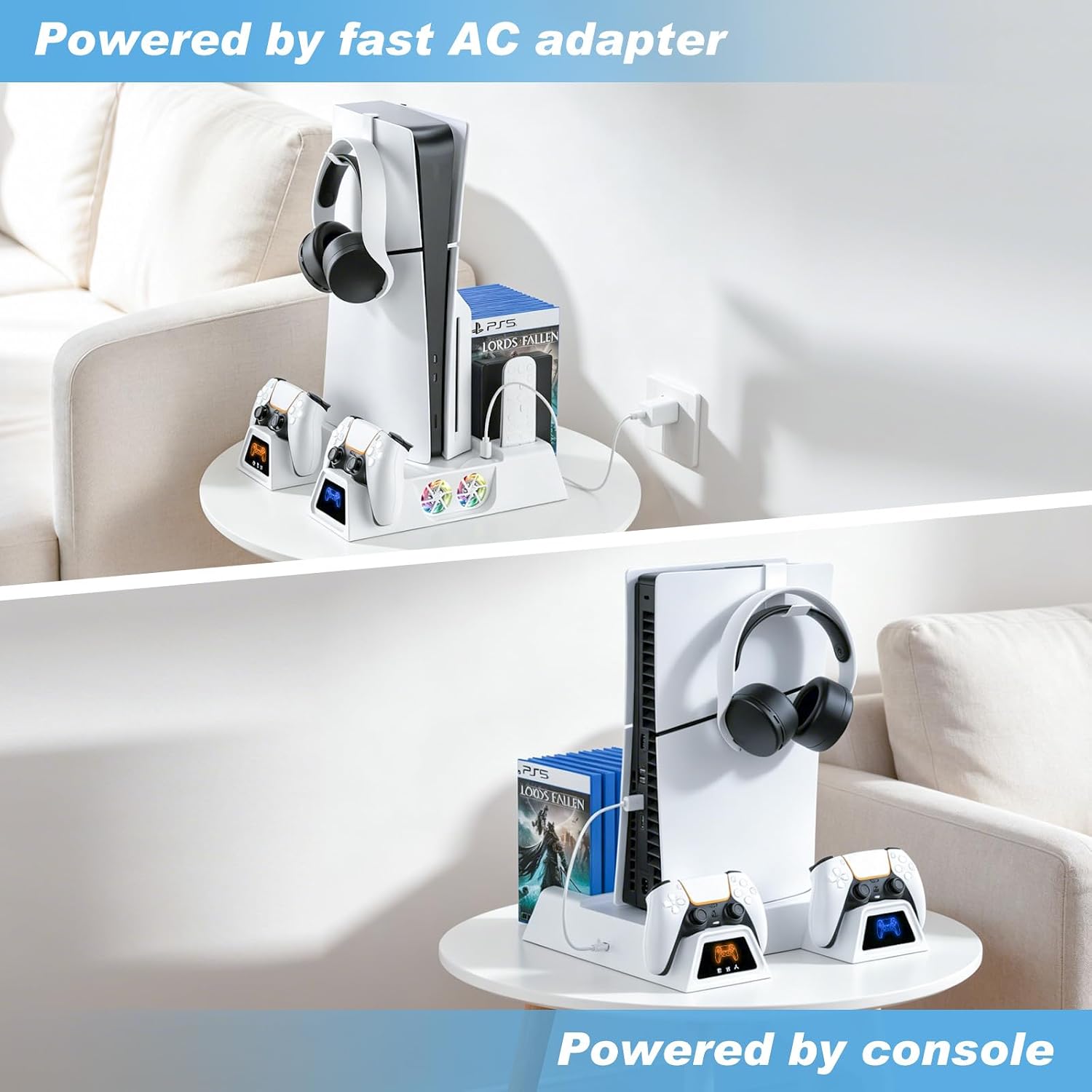 Detalle 2 de Nonbliep LED Stand and Cooling Station for PS5 (Digital/Disc, Slim, Pro) with Dual Controller Charging and 9-Disc Storage