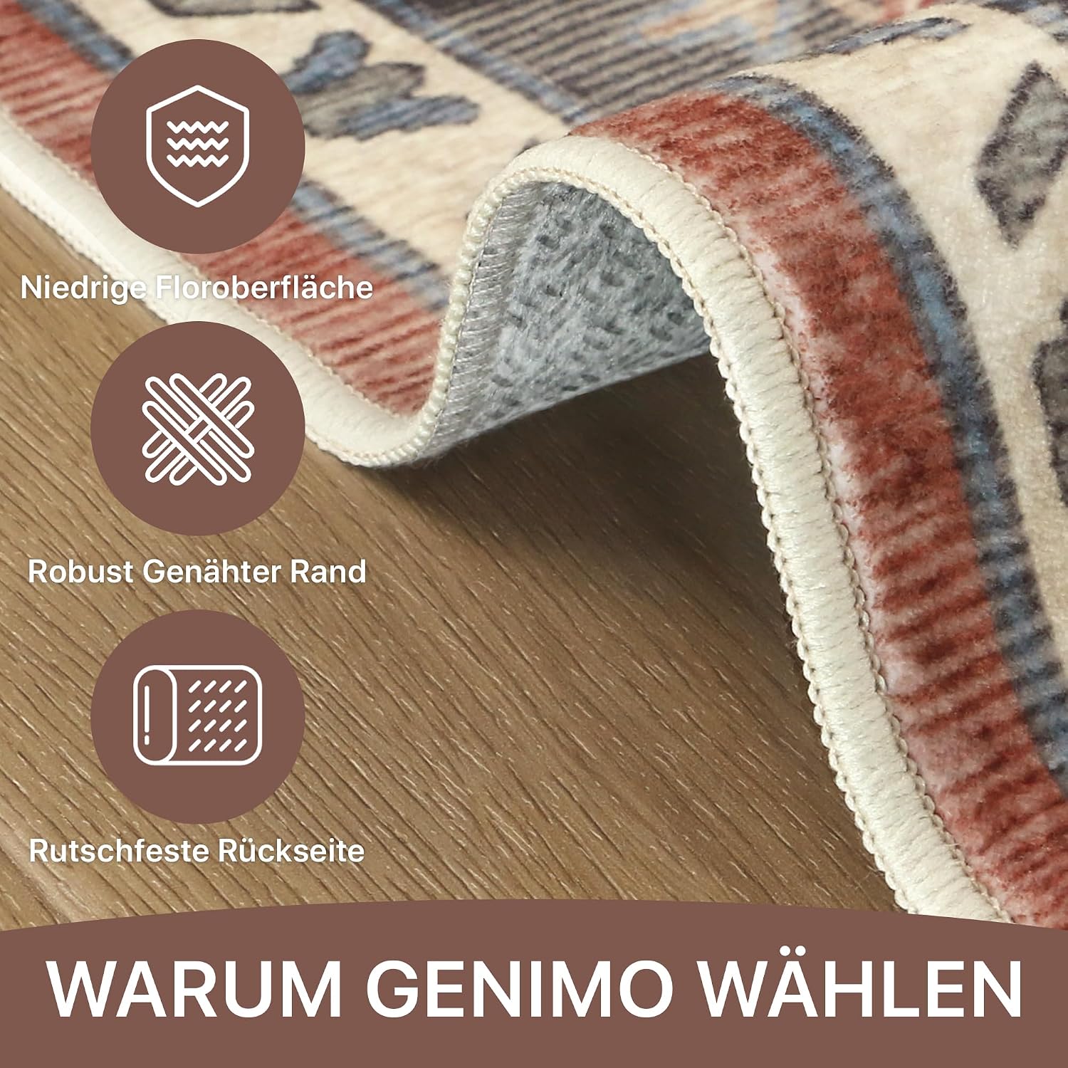 Detalle 2 de GENIMO Vintage Teppich Rund 160 cm – Waschbar, Boho/Vintage, rutschfest, rot