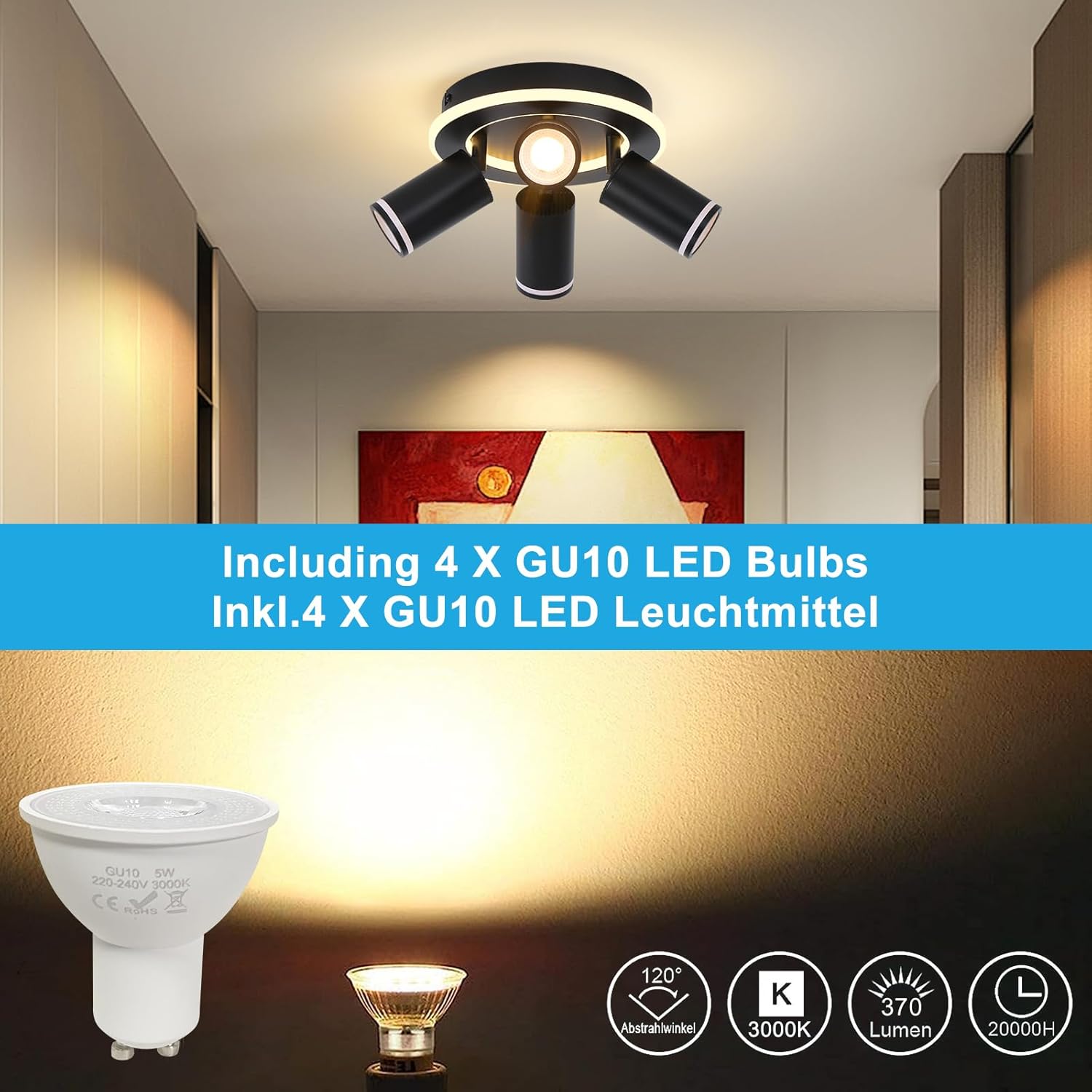 Thumbnail 4 de SANSHI Deckenleuchte 4‑flammig LED, schwenkbar 350° – 22W + 4×5W GU10, Schwarz
