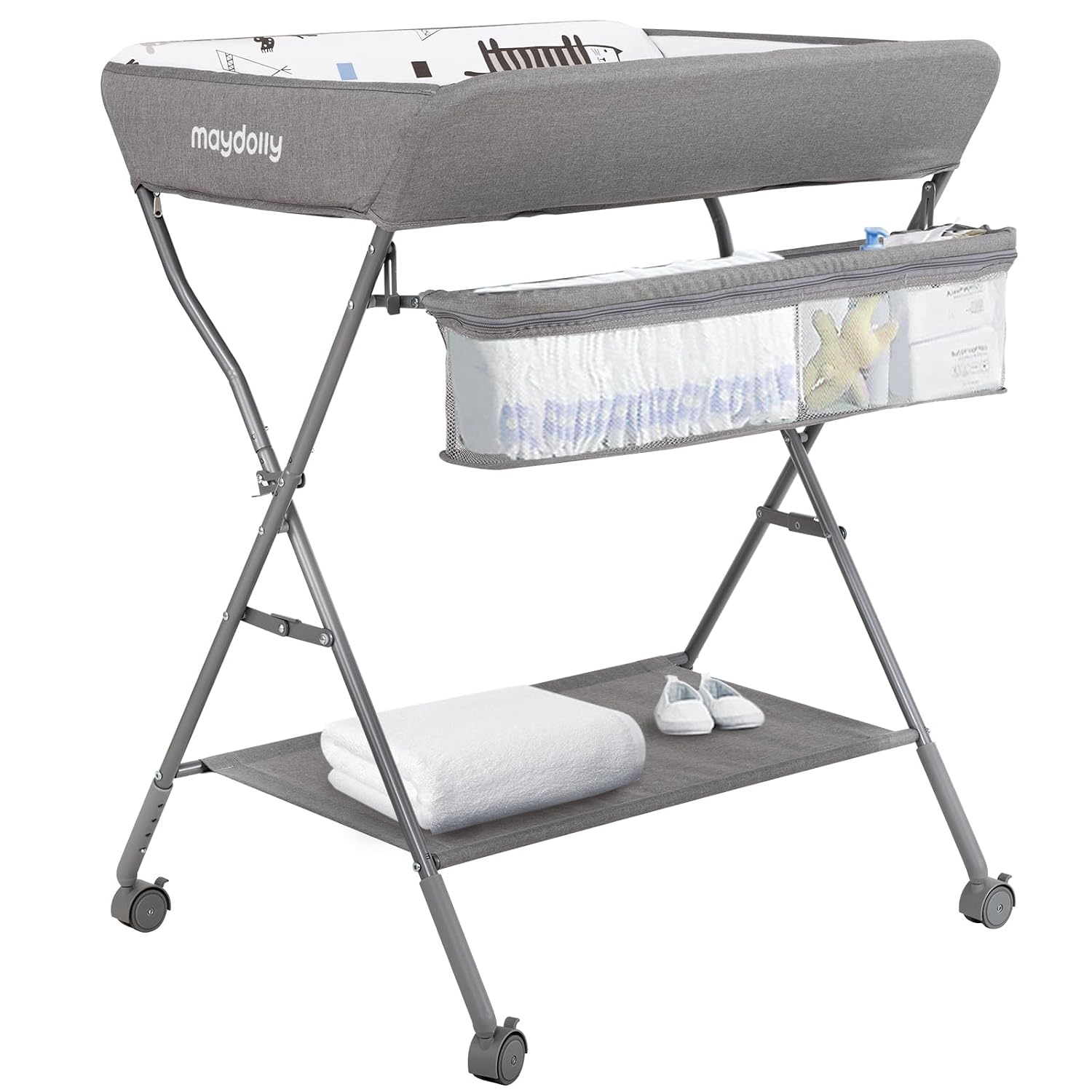 Maydolly Baby Changing Table with Wheels, Adjustable Height, Folding Light Gray
