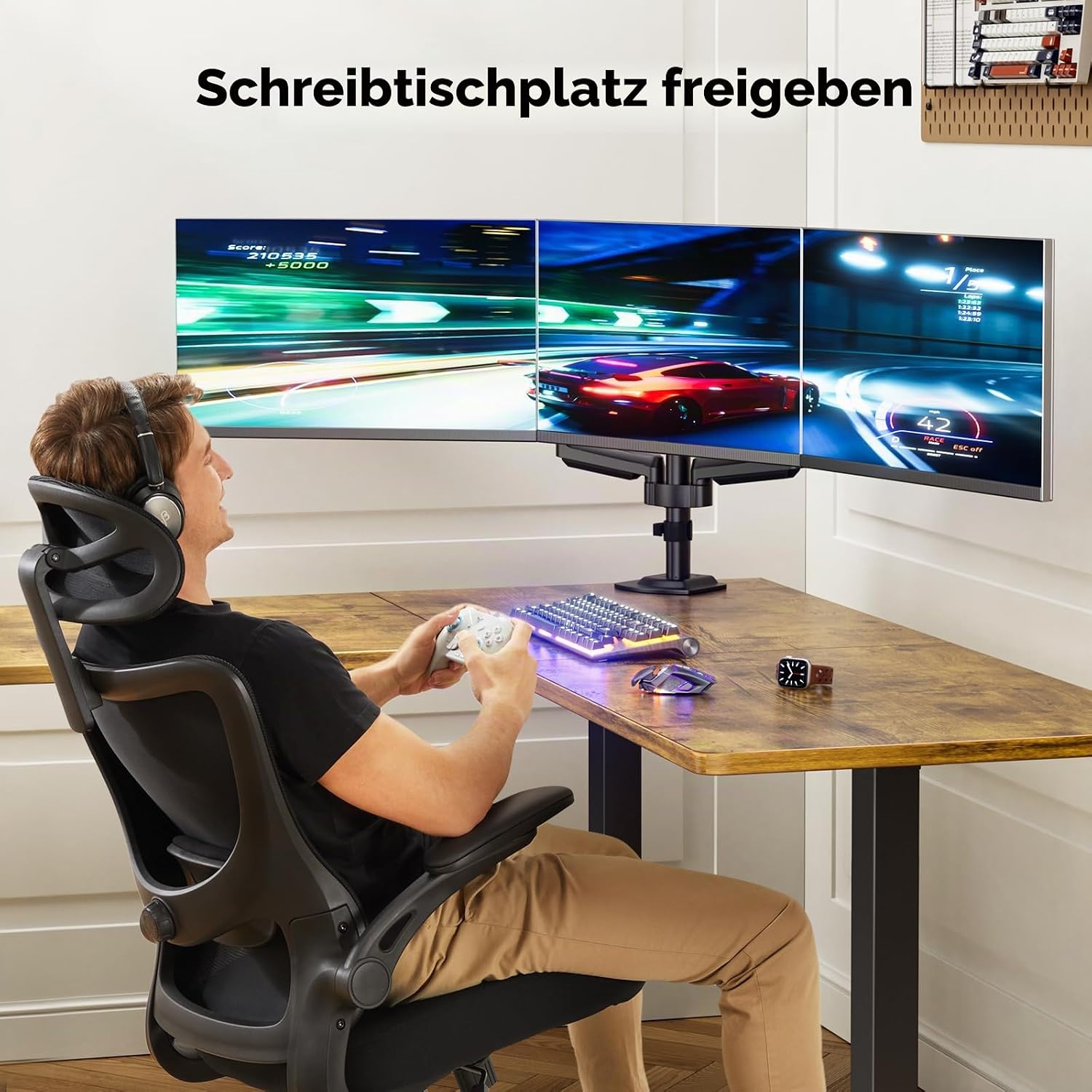 Detalle de HUANUO Monitorhalterung 3 Monitore für 13–27 Zoll – Gasfederarm, 8 kg je Arm, VESA 75x75/100x100