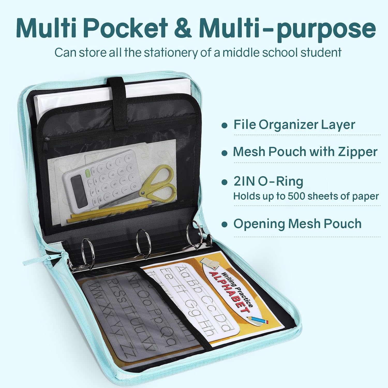 Detalle de SUNEE Zippered Binder Bag with Handle, 2-Inch O-Rings, 5-Tab File, Sky Blue