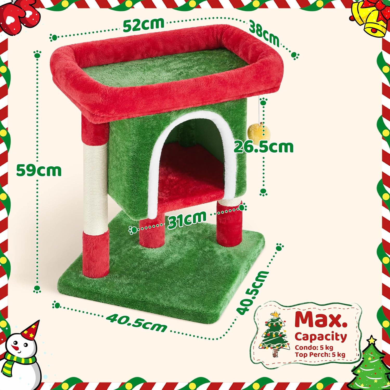 Thumbnail 2 de Yaheetech Christmas Themed Cat Tree Tower for Kittens (Red/Green) with Scratch Post, Plush Condo & Dangling Ball