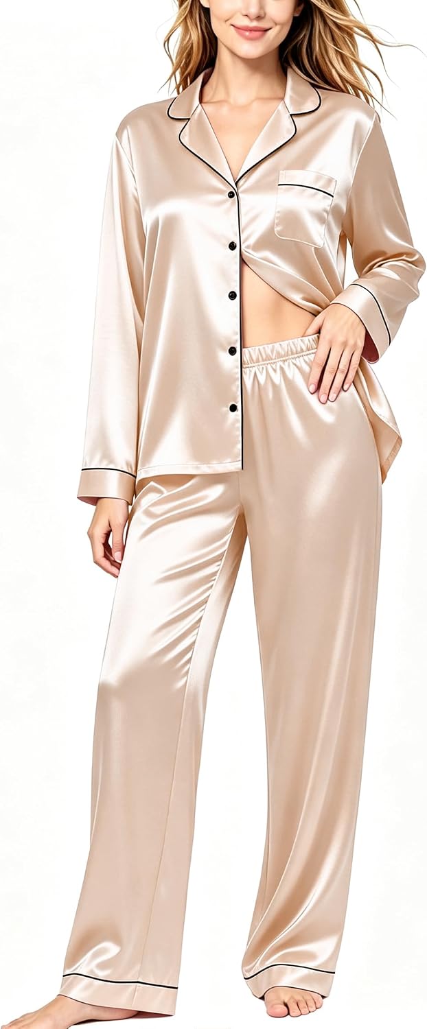 Detalle de SWOMOG Women's Satin Pajama Set, Long-Sleeve Button-Down, Two-Piece