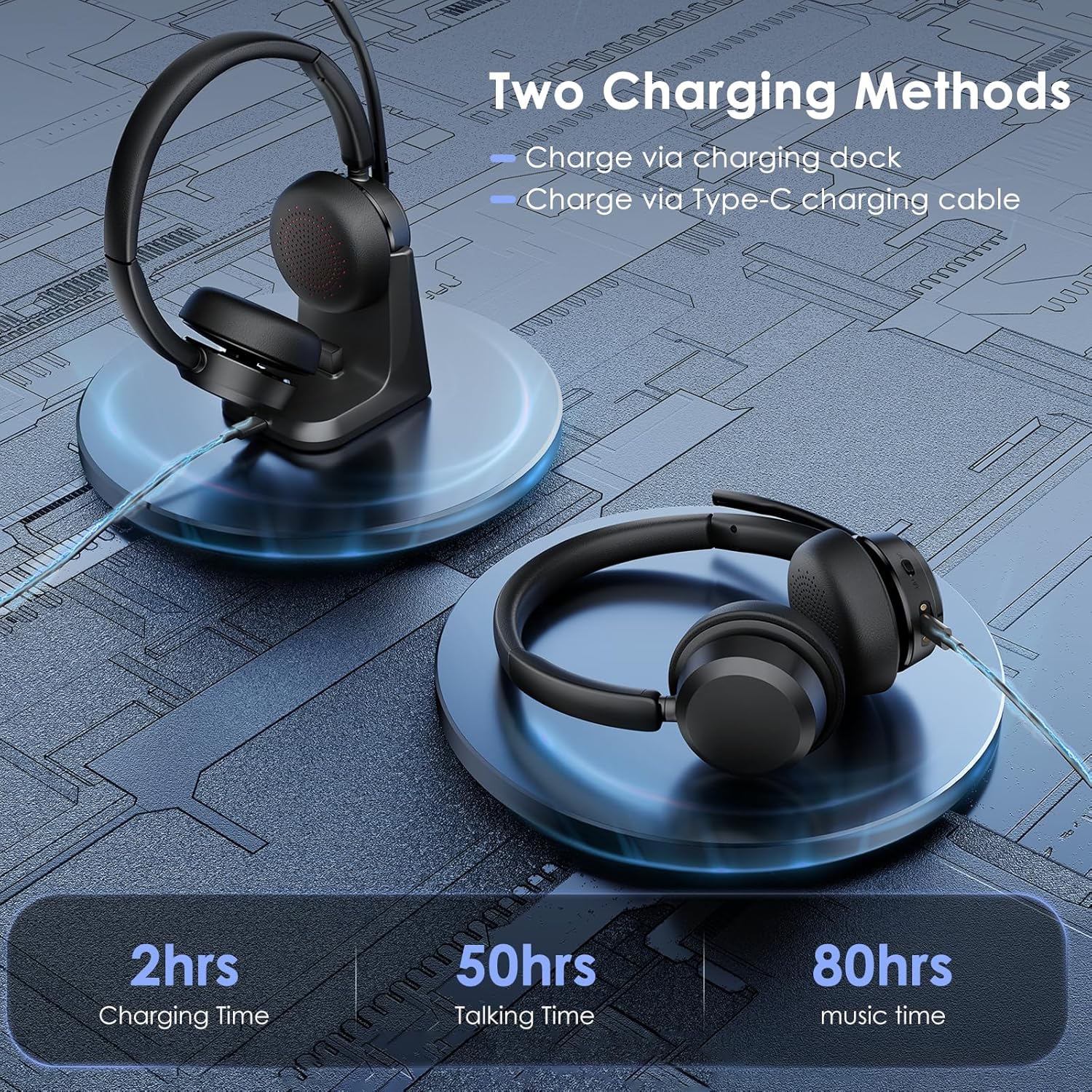 Thumbnail 5 de Mopchnic Wireless Headset with Noise Cancelling Microphone — On-Ear Bluetooth, USB Dongle, Charging Base
