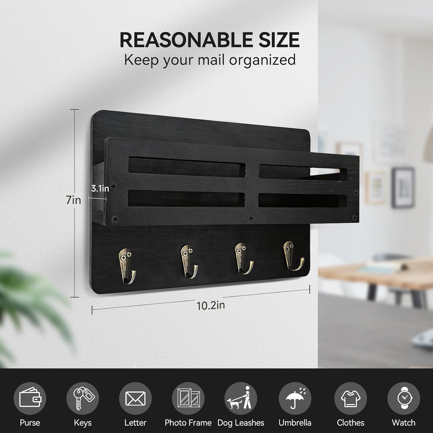 Detalle 2 de KISENG Key Hooks -J Wall-Mounted Key and Mail Organizer, Black Paulownia Wood