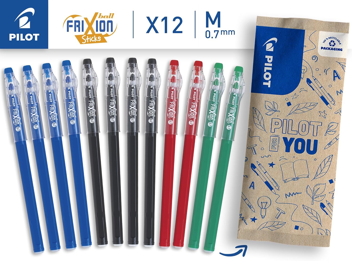 Detalle de PILOT FriXion Ball Stick – Lot de 12 stylos effaçables (0,7 mm) en 4 bleus, 4 noirs, 2 rouges et 2 verts