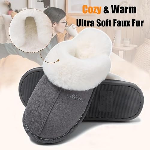 Detalle de Misolin Women Memory Foam Fluffy Slipper – Grey, Suede Fur-Lined, Anti-Skid Indoor & Outdoor (UK 5.5–6.5)