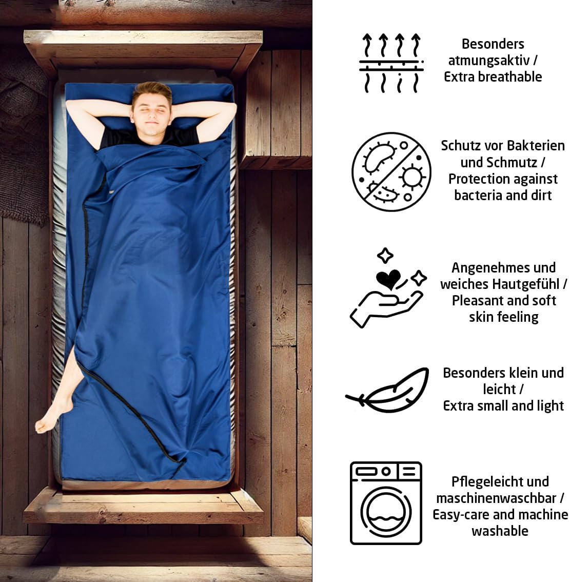 Detalle 2 de MIQIO 2in1 Hüttenschlafsack Ultra leicht mit Reißverschluss – vielseitiger Reiseschlafsack und XL Reisedecke