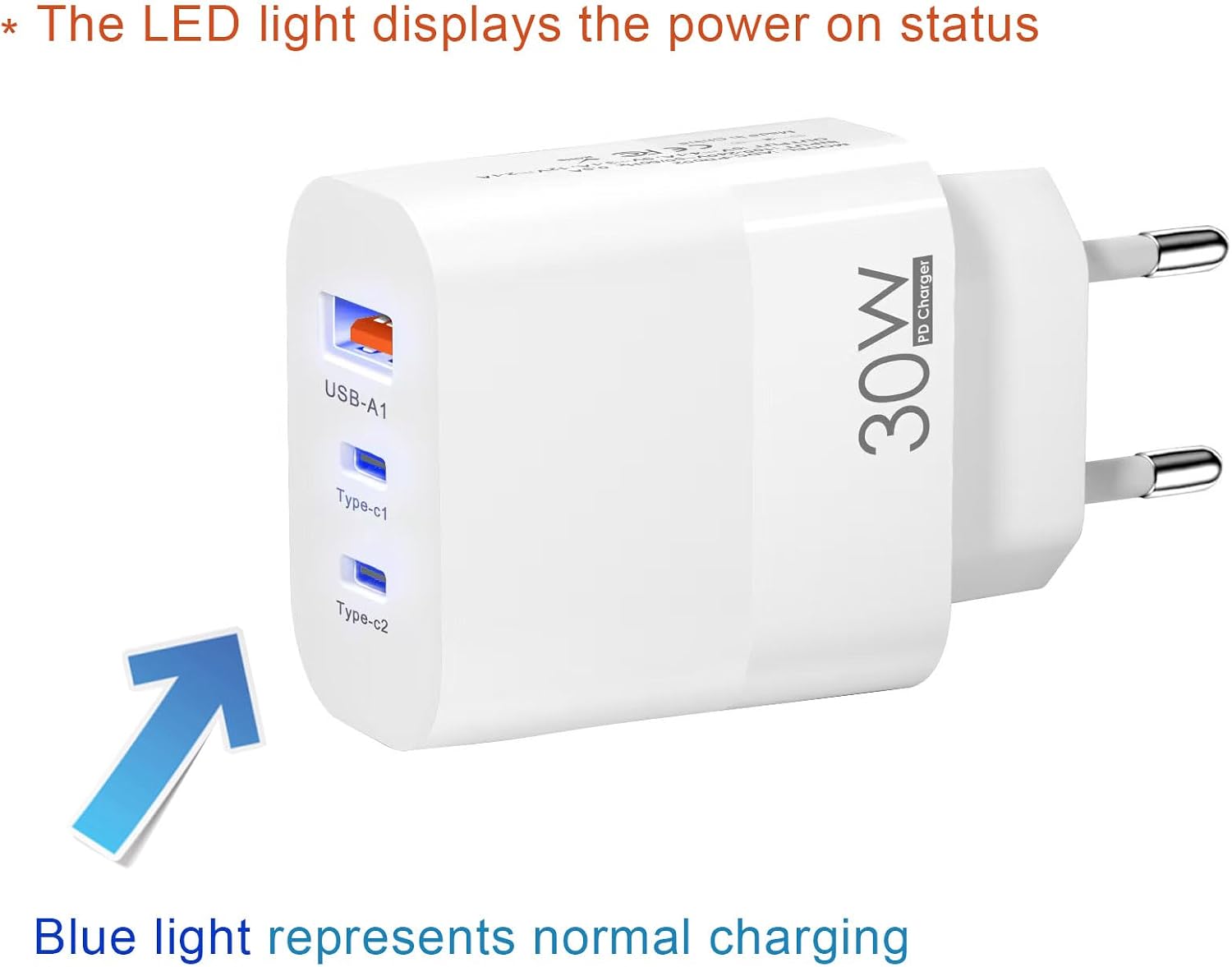 Detalle de EU Plug Travel Adapter Charger with 2 USB-C and 1 USB-A — 30W PD Fast Charging