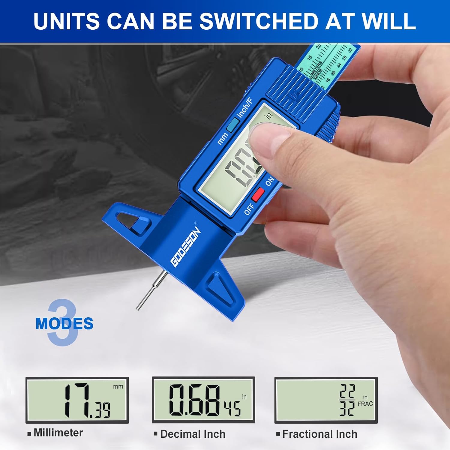 Detalle de GODESON DTG02-2BL Digital Tire Tread Depth Gauge, 3 Measurement Modes
