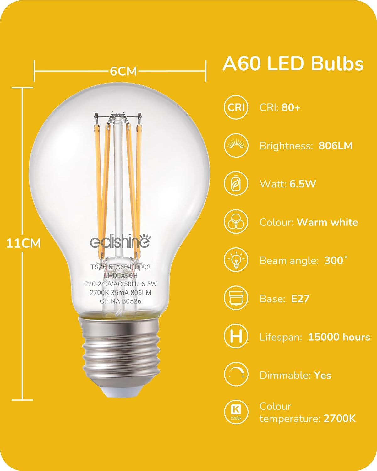 Thumbnail 5 de EDISHINE 6 Pack E27 Dimmable LED Edison Bulbs