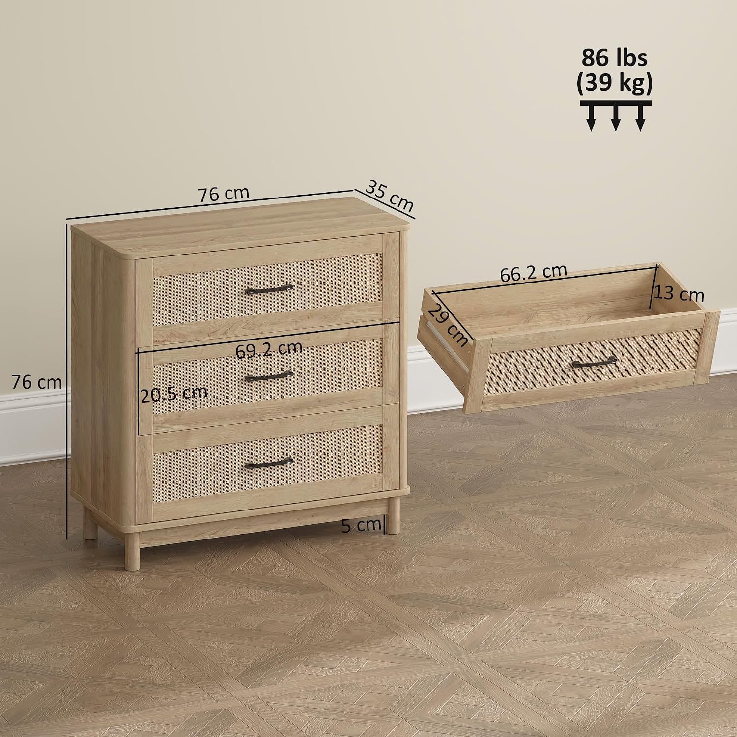 Thumbnail 6 de HOMCOM 83D-049V00AK Bohemian Rattan Chest of Drawers, Oak, 3 Drawers