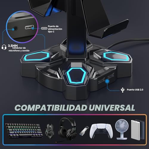Detalle de KDD Led: Soporte para Auriculares Gaming con 2 Puertos USB y Puerto Type‑C