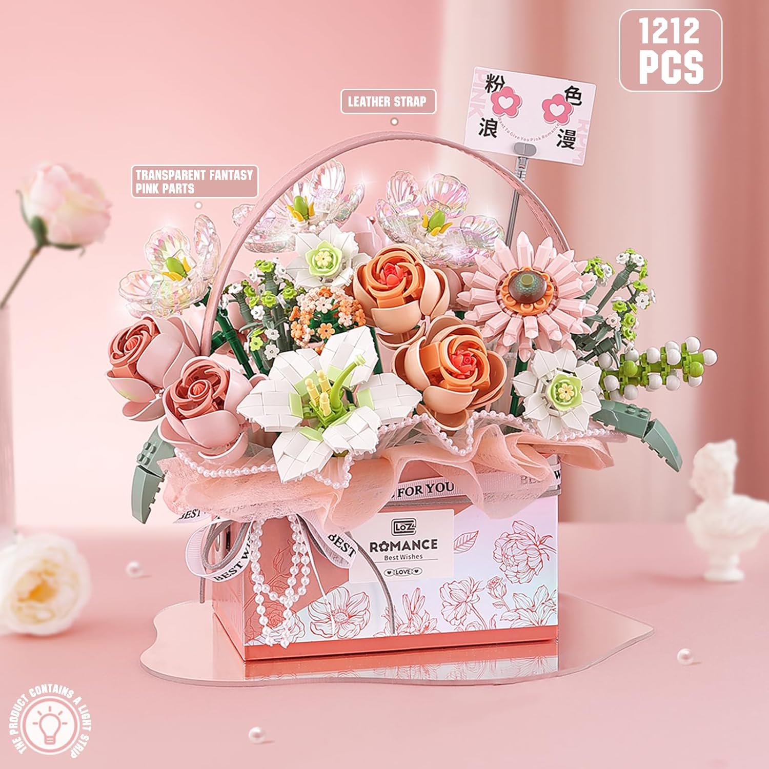 Thumbnail 2 de MEIEST Blume Bausteine Set – Simulation Rose Handgefertigte Geschenkbox Valentinstag, Bonsai Bausteine Spielzeug, Fantasy Pink