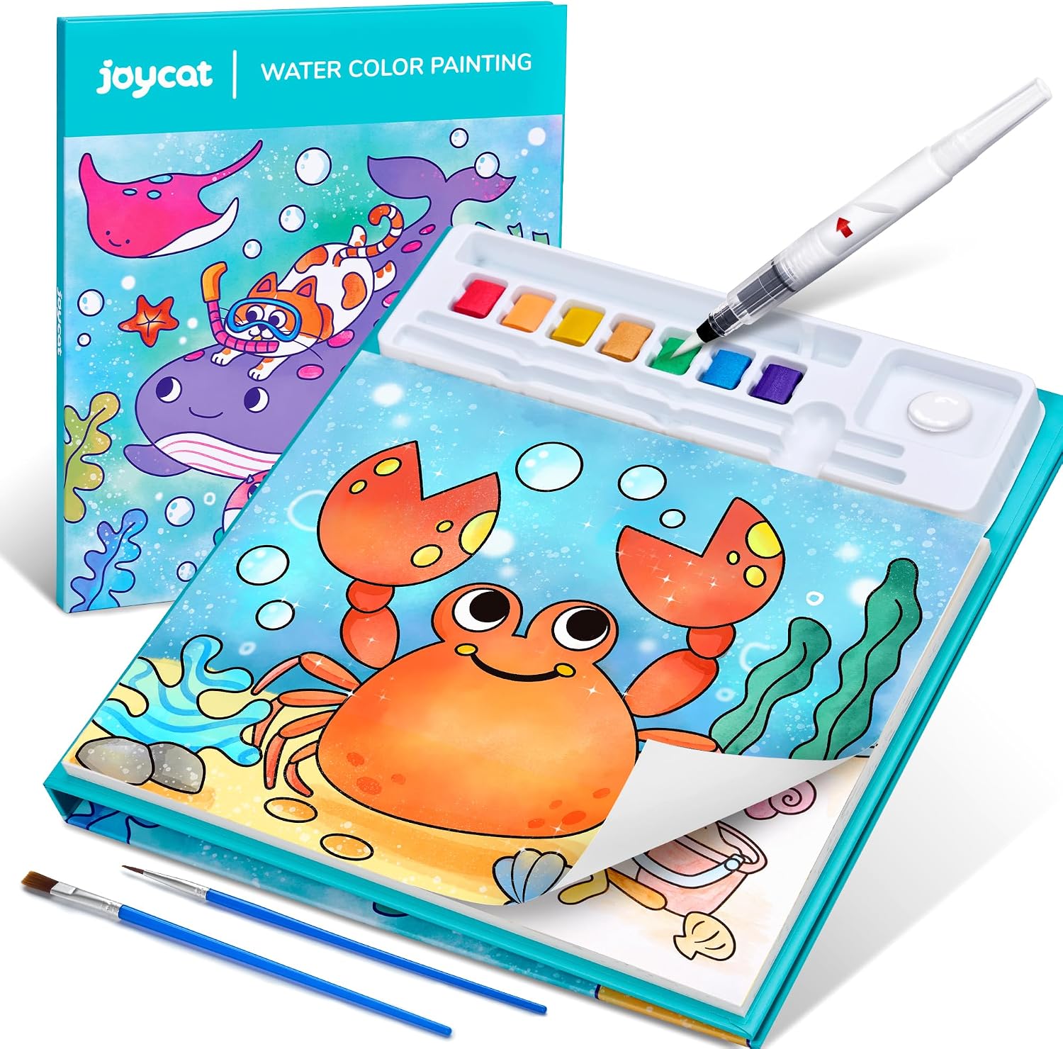 Detalle de JoyCat Malbuch mit Wasserfarben für Kleinkinder (3–8 Jahre) – 3-in-1 Aquarellset mit 20 Meeres-Themenseiten