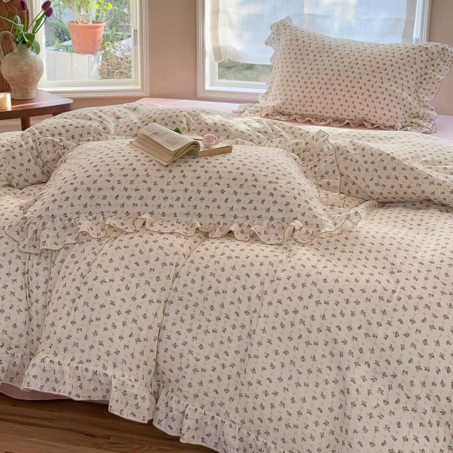 Detalle de BuLuTu BLT-KID-ST-BL-T Twin Muslin Cotton Duvet Cover Set, Floral Print