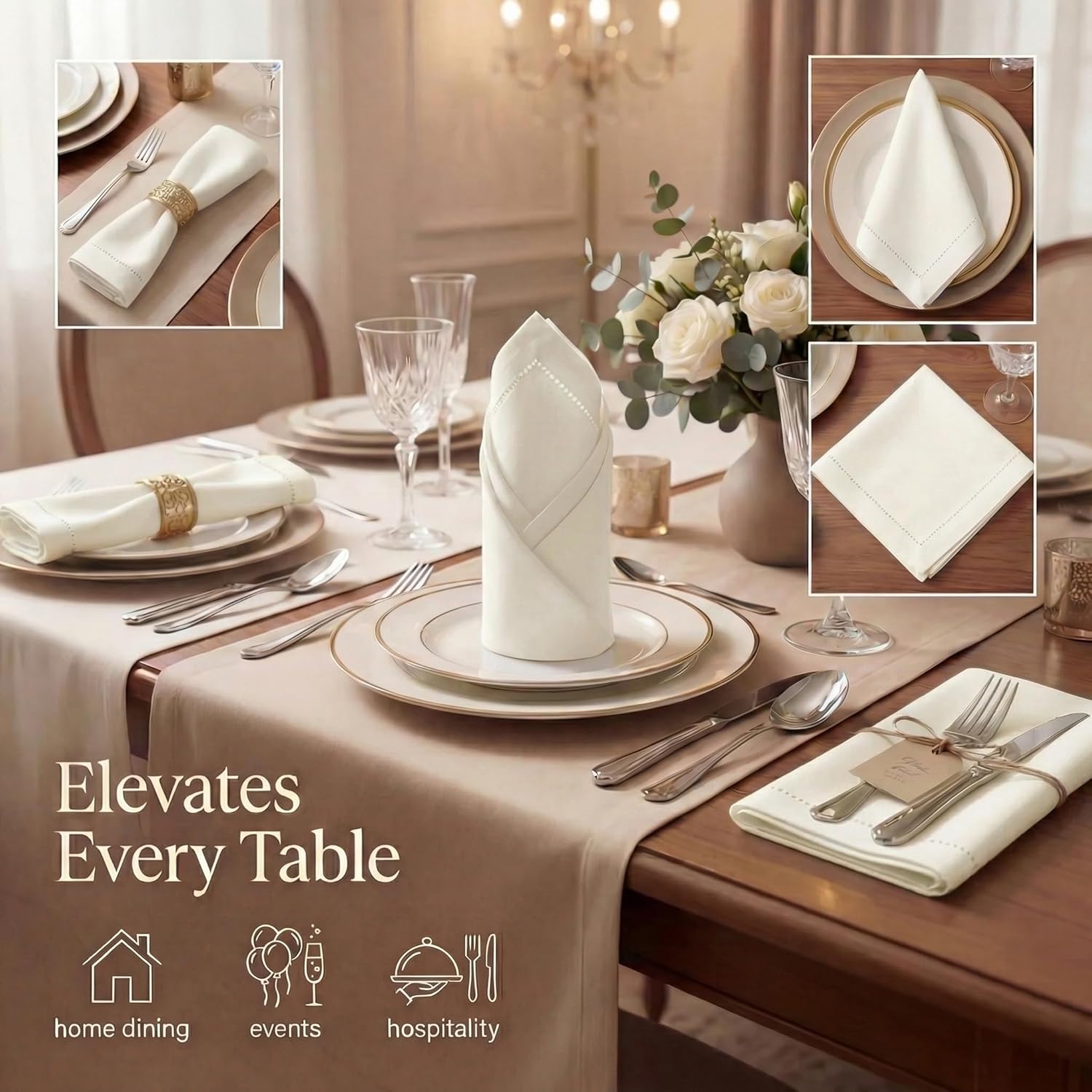 Thumbnail 1 de Urban Villa Ivory Hemstitch Dinner Napkins (Set of 12, 20x20) — 100% Cotton