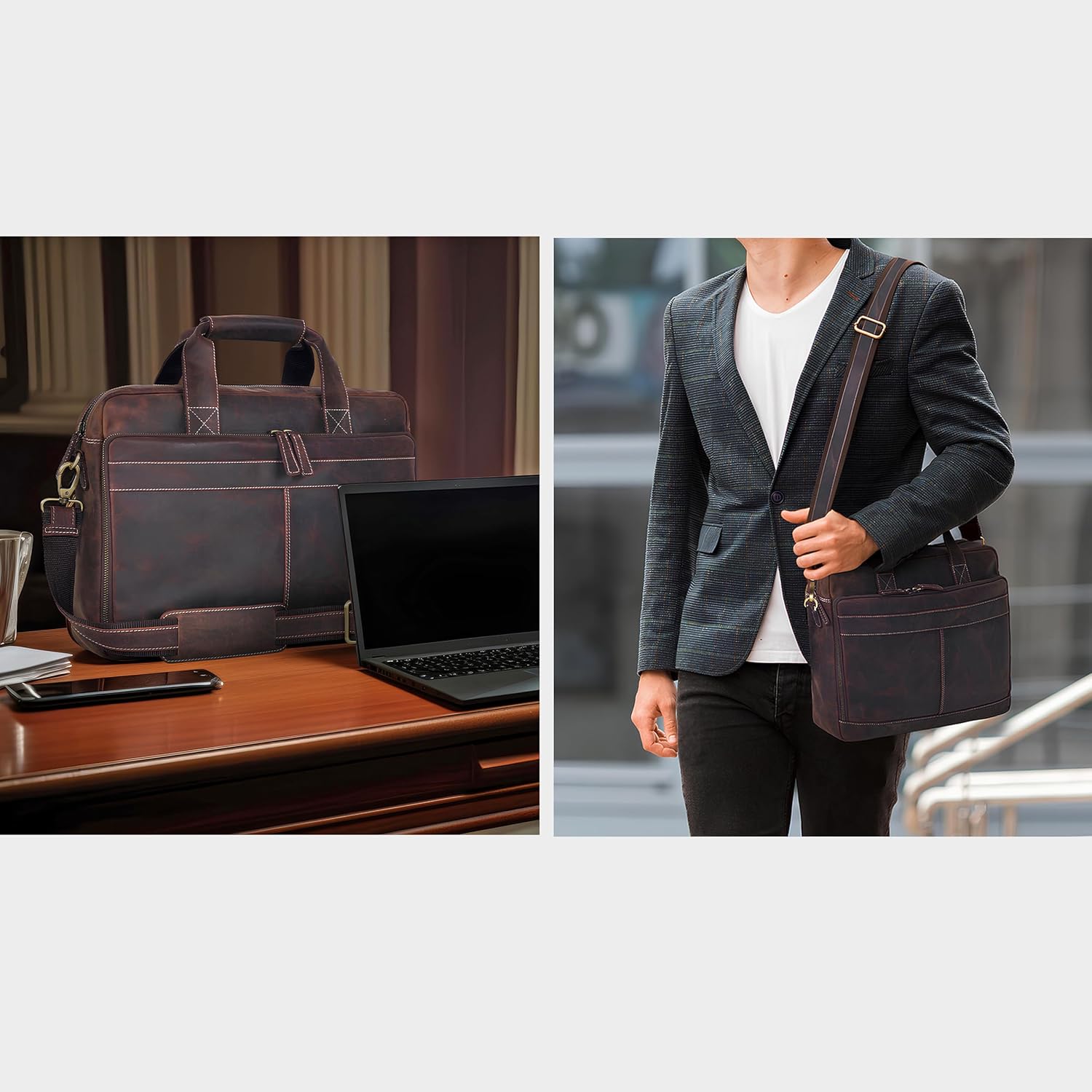 Thumbnail 1 de Oak Leathers handmade leather messenger bag with laptop briefcase design