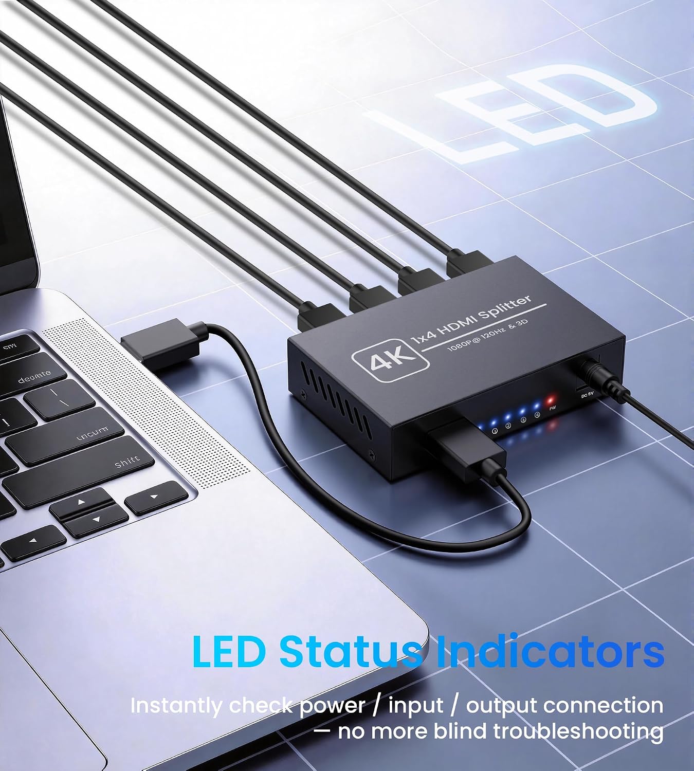Detalle 2 de NEWCARE HDMI Splitter 1 auf 4 (4K) – HDMI-Verteiler für 4 Bildschirme gleichzeitig (1 Eingang, 4 Ausgänge)