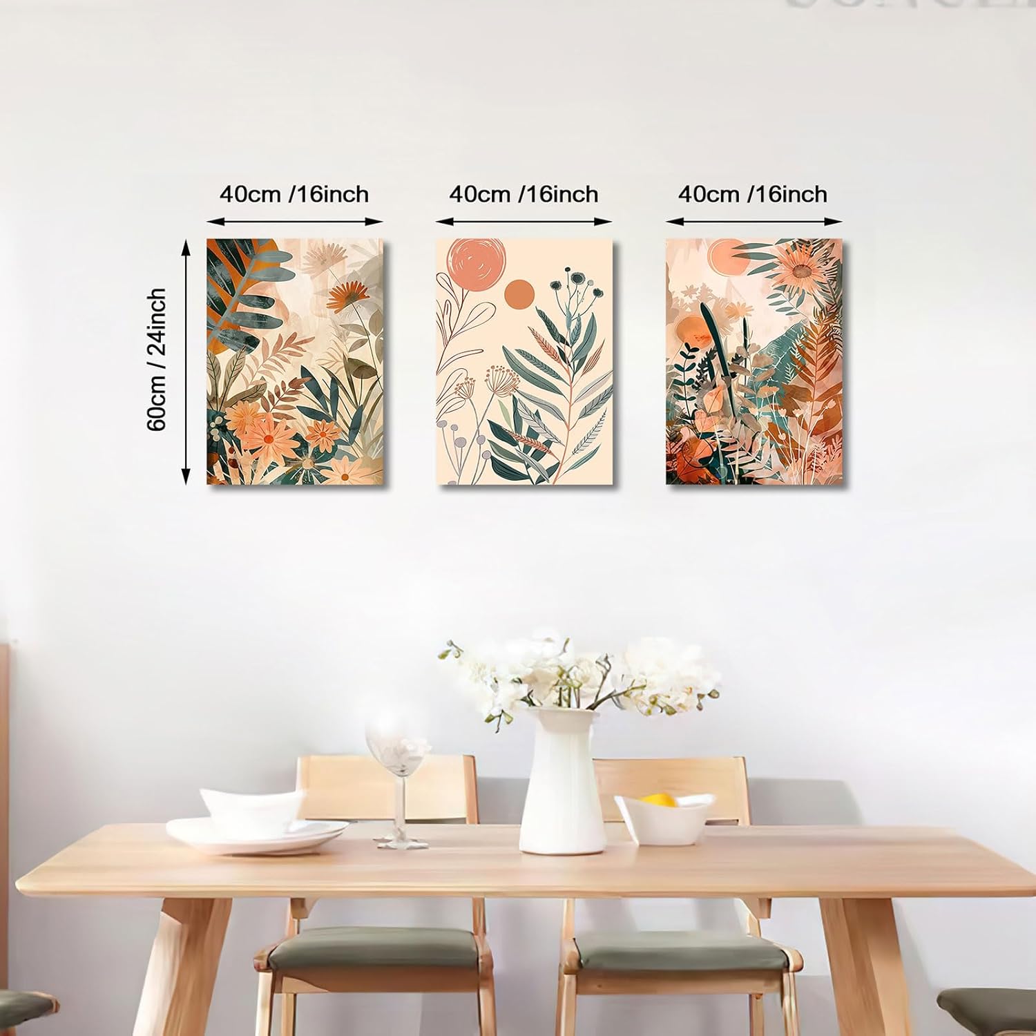 Detalle 2 de 3Pcs Boho Orange Set mit Rahmen – Abstract Leaves & Sun, 120x60 cm, 3-teilig