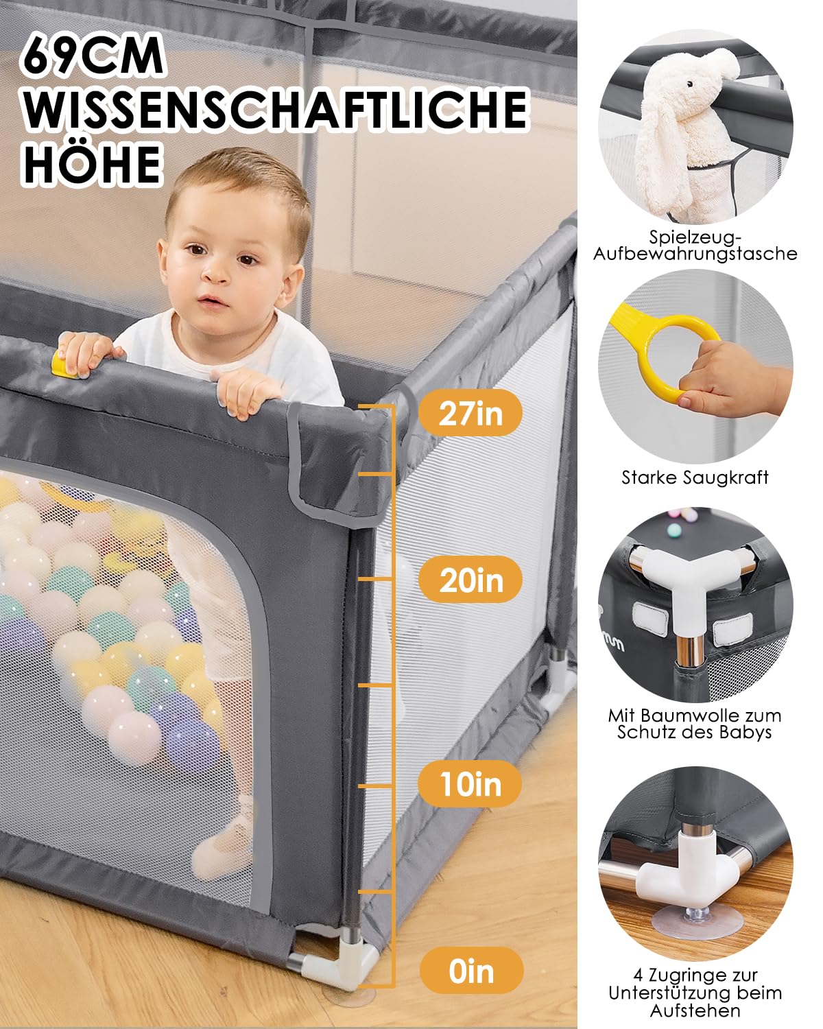 Thumbnail 2 de derimkcoa Laufstall Baby – Großer, tragbarer Laufgitter 150x180x66 cm, Grau