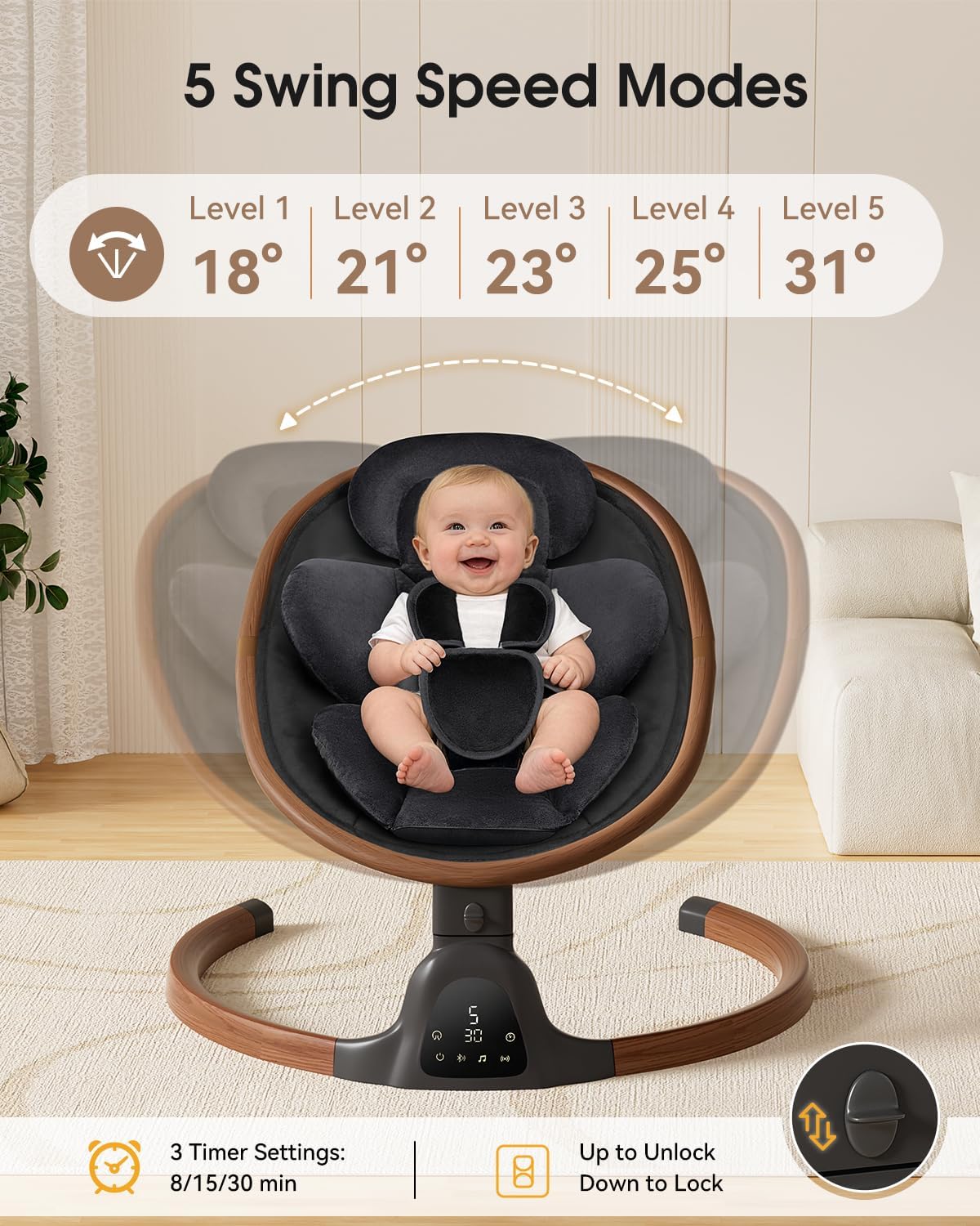 Detalle de Wnttmt Electric Baby Swing with 5 Speeds, 5-Point Harness & Bluetooth