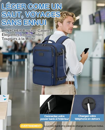 Detalle de LYNXCHER Sac à Dos Voyage Cabine 40x20x25 cm – 20 L, Bleu Foncé, 14 pouces (Homme/Femme)