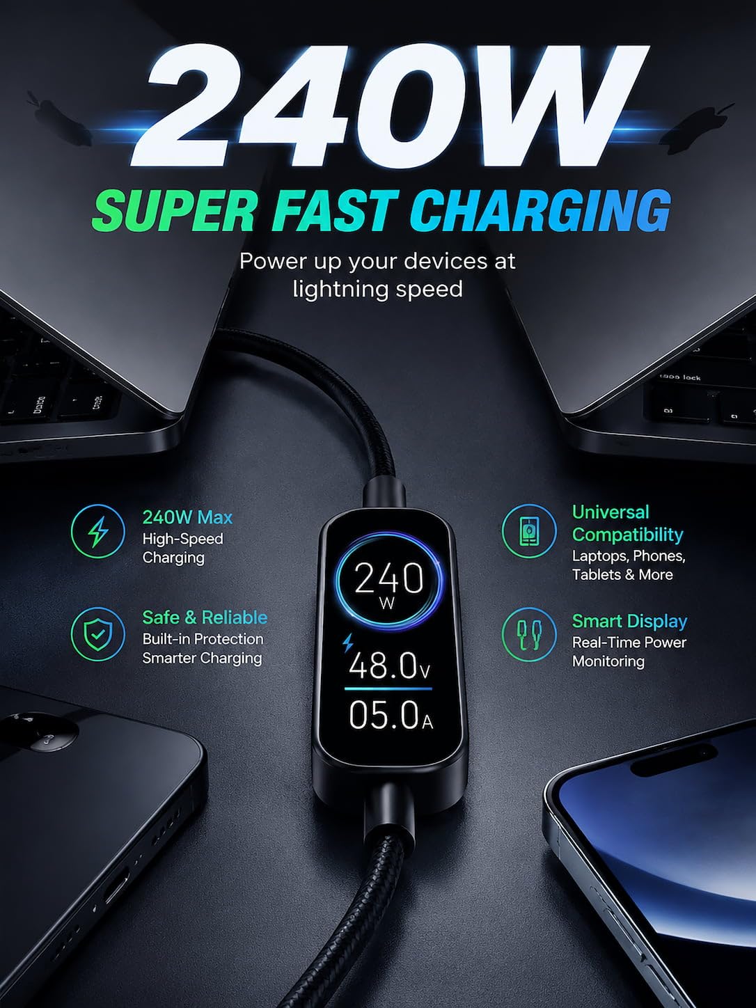 Thumbnail 1 de LITO 240W USB-C to USB-C Cable with TFT Touch Screen: Power Monitor, PD 3.1, and Braided Durability