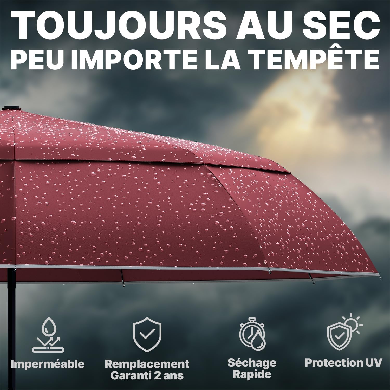 Thumbnail 6 de Royal Walk Parapluie de voyage pliable coupe-vent double auvent ventilé, manche bois véritable, rouge