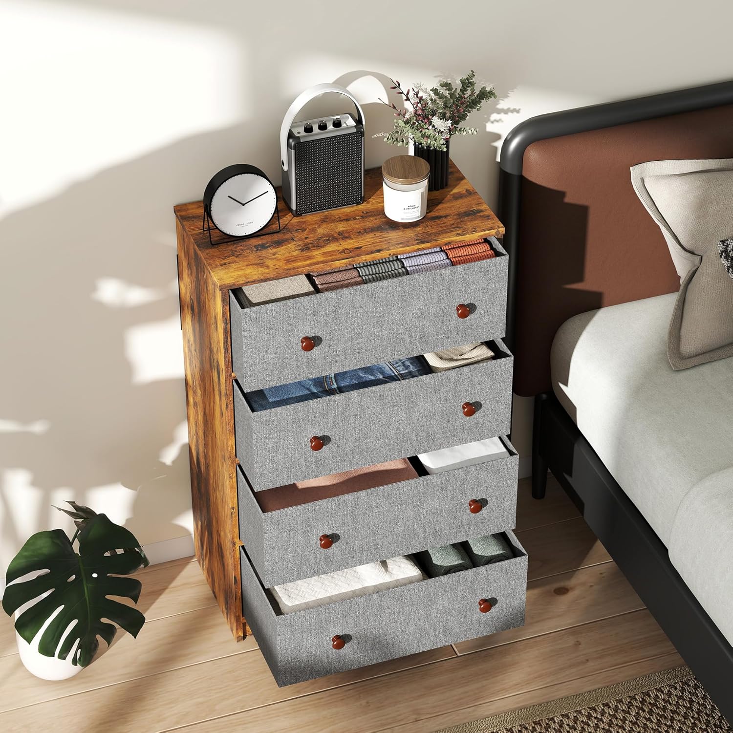 Thumbnail 5 de HOMCOM 4-Drawer Fabric Chest of Drawers with Steel Frame (Grey & Rustic Brown)