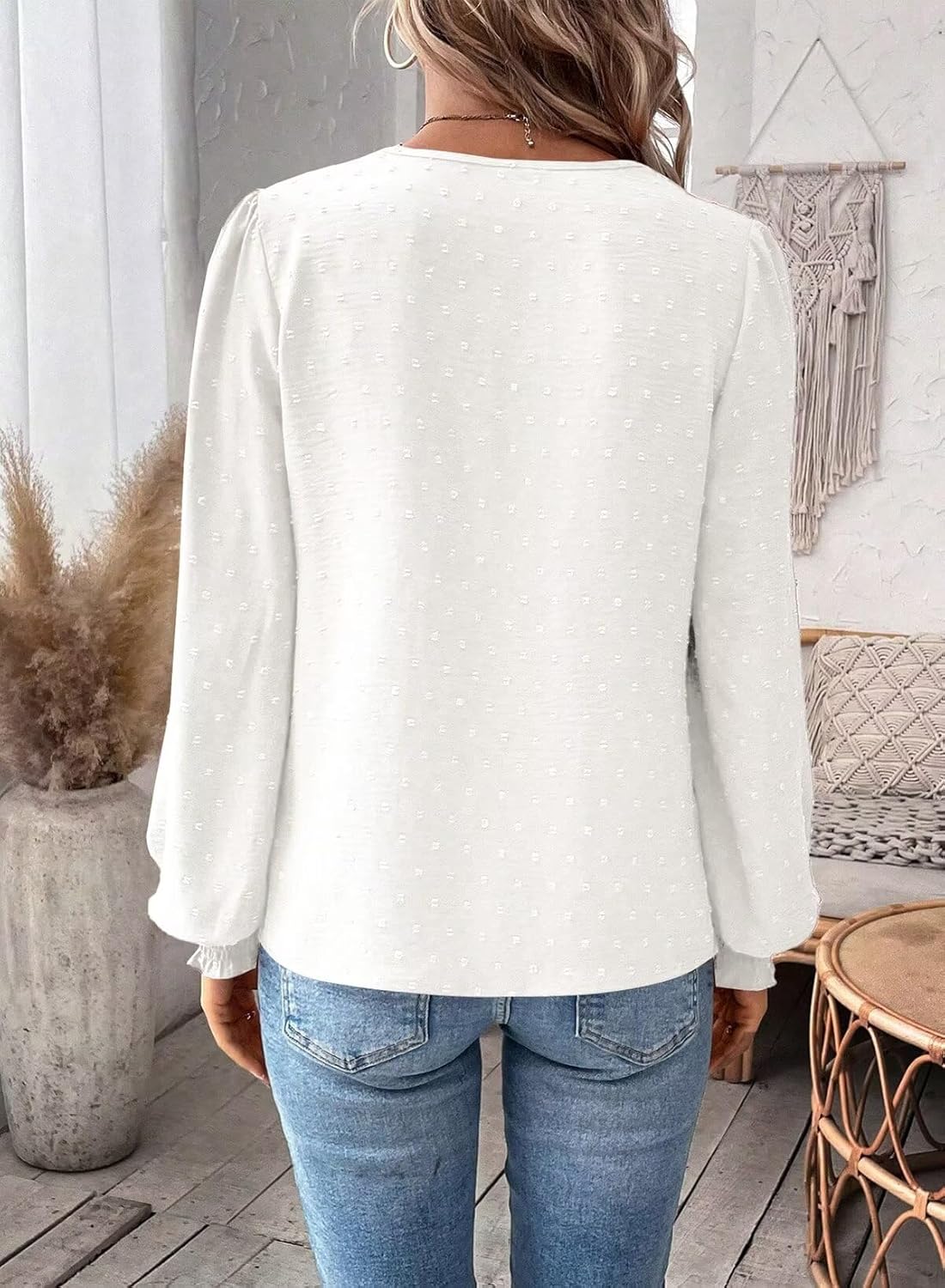 Detalle de Falechay Swiss Dot Boho Long Sleeve Top with V-Neck & Crochet Details