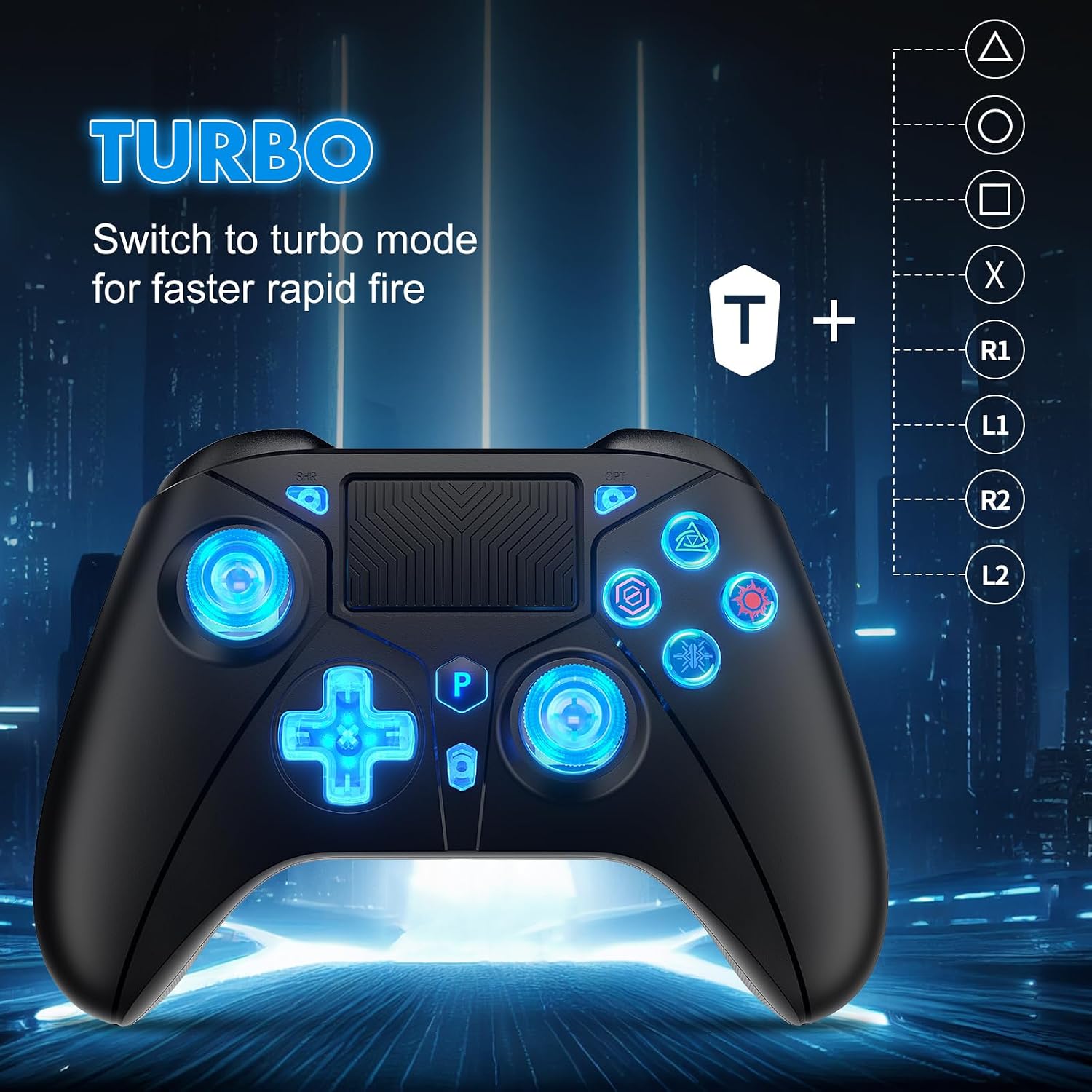 Detalle de Dinosoo RGB Wireless Controller with LED Light & Remap Back Buttons for PS5, PC