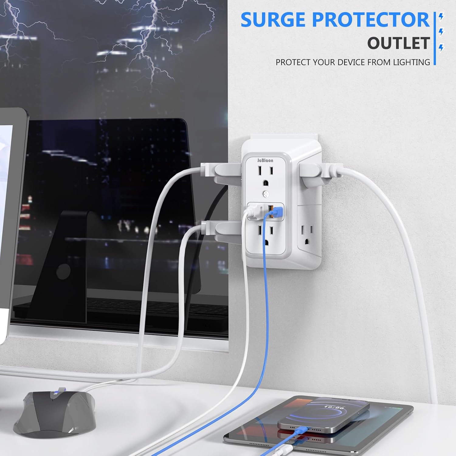 Detalle de JcBlaon 2-Pack Outlet Extender Surge Protector, 6 AC Outlets, 4 USB Ports