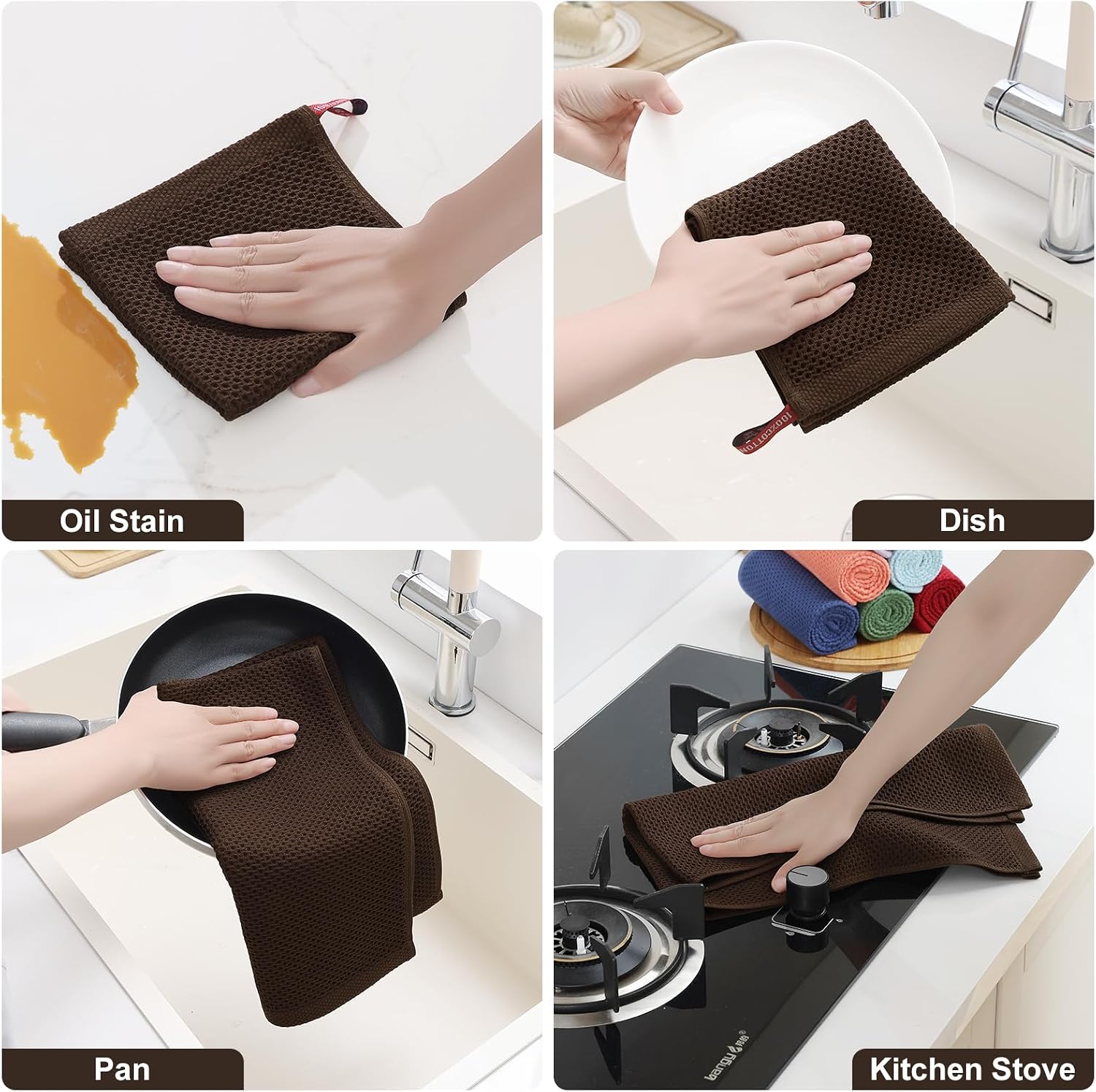 Thumbnail 4 de Homaxy 100% Cotton Kitchen Towels and Dishcloths Set — 8-Piece, 12x12 and 13x28 Inches, Dark Brown