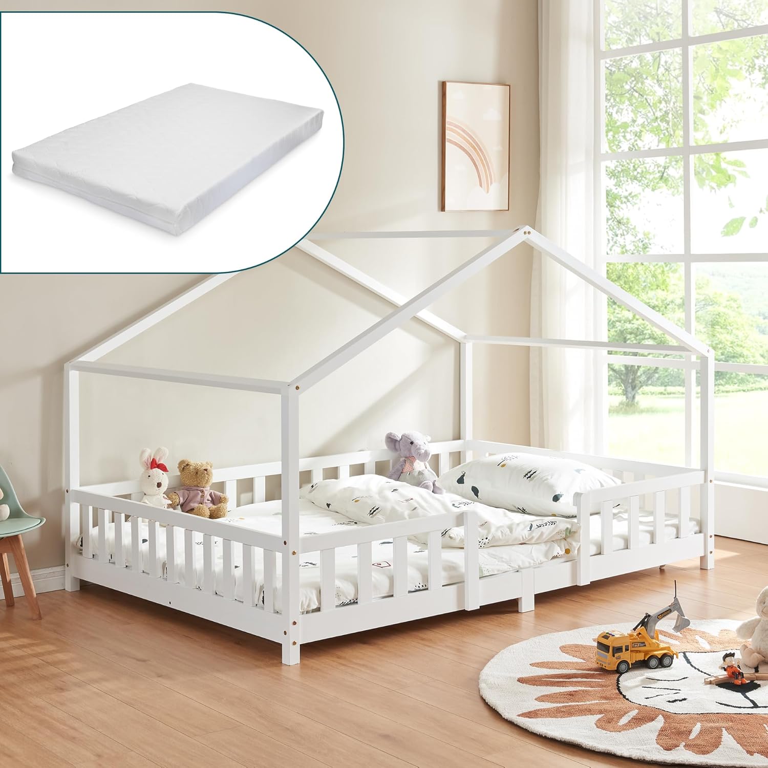 Thumbnail 6 de Letto per Cameretta Singolo a Forma di Casetta con Barriera in Legno di Pino e Materasso in Schiuma Fredda 90x200 cm Rosa/Bianco