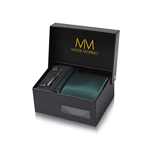 Detalle de Massi Morino Corbata Verde Oscuro + Pañuelo a Juego 5 en 1 – Set Hombre para Boda