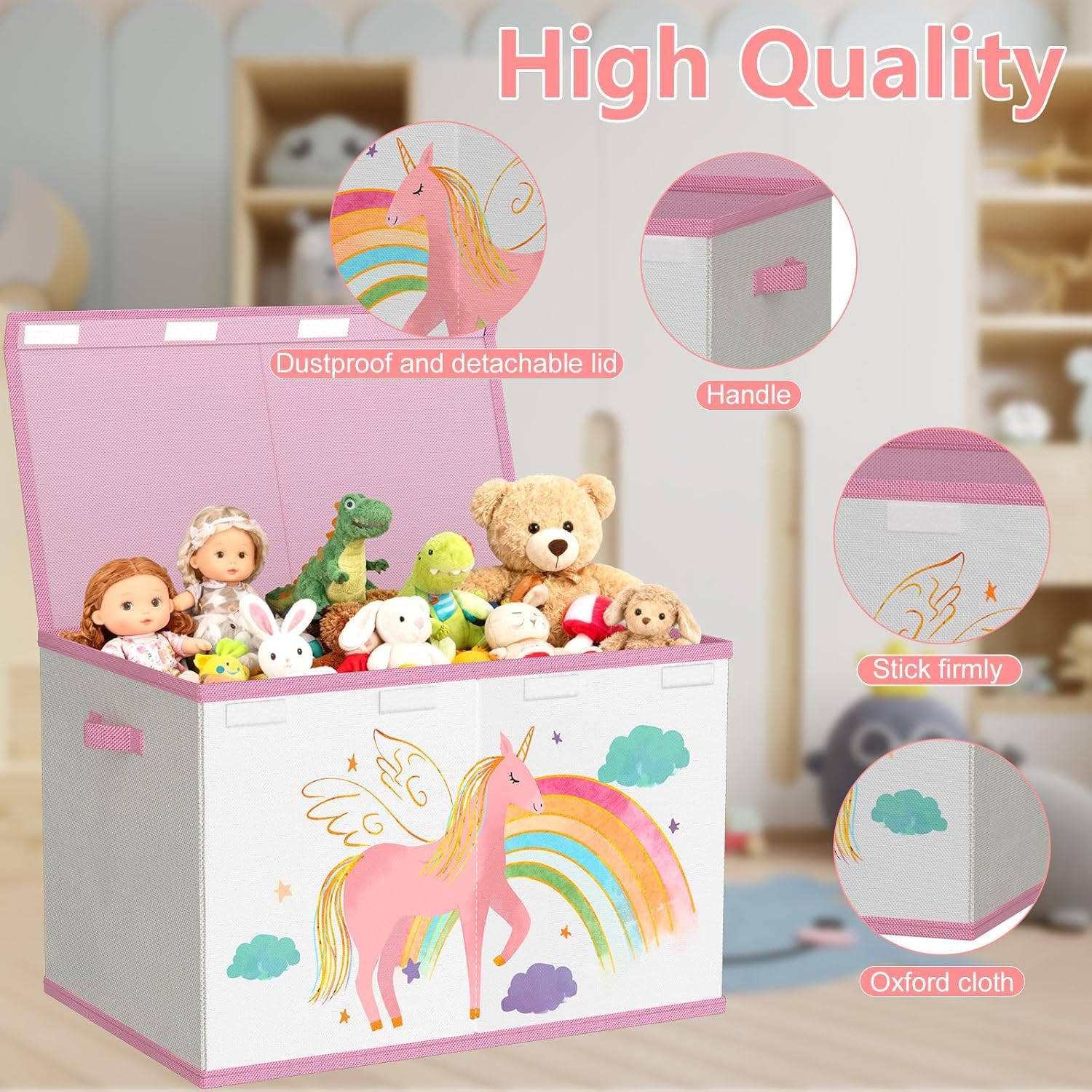 Detalle de VERONLY Toy Storage Box with Lids for Girls and Boys – Large, Foldable Fabric Chest in Beige & Pink