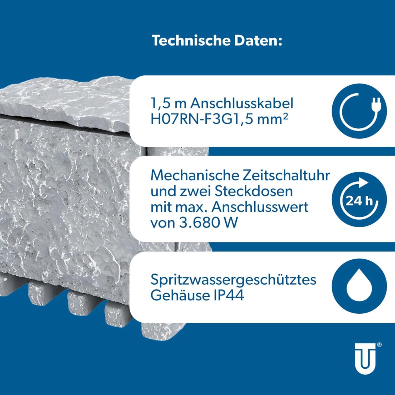 Detalle de UNITEC Steckdosenverteiler für den Garten in Steinoptik – Außensteckdose IP44, 2 Steckdosen, Zeitschaltuhr