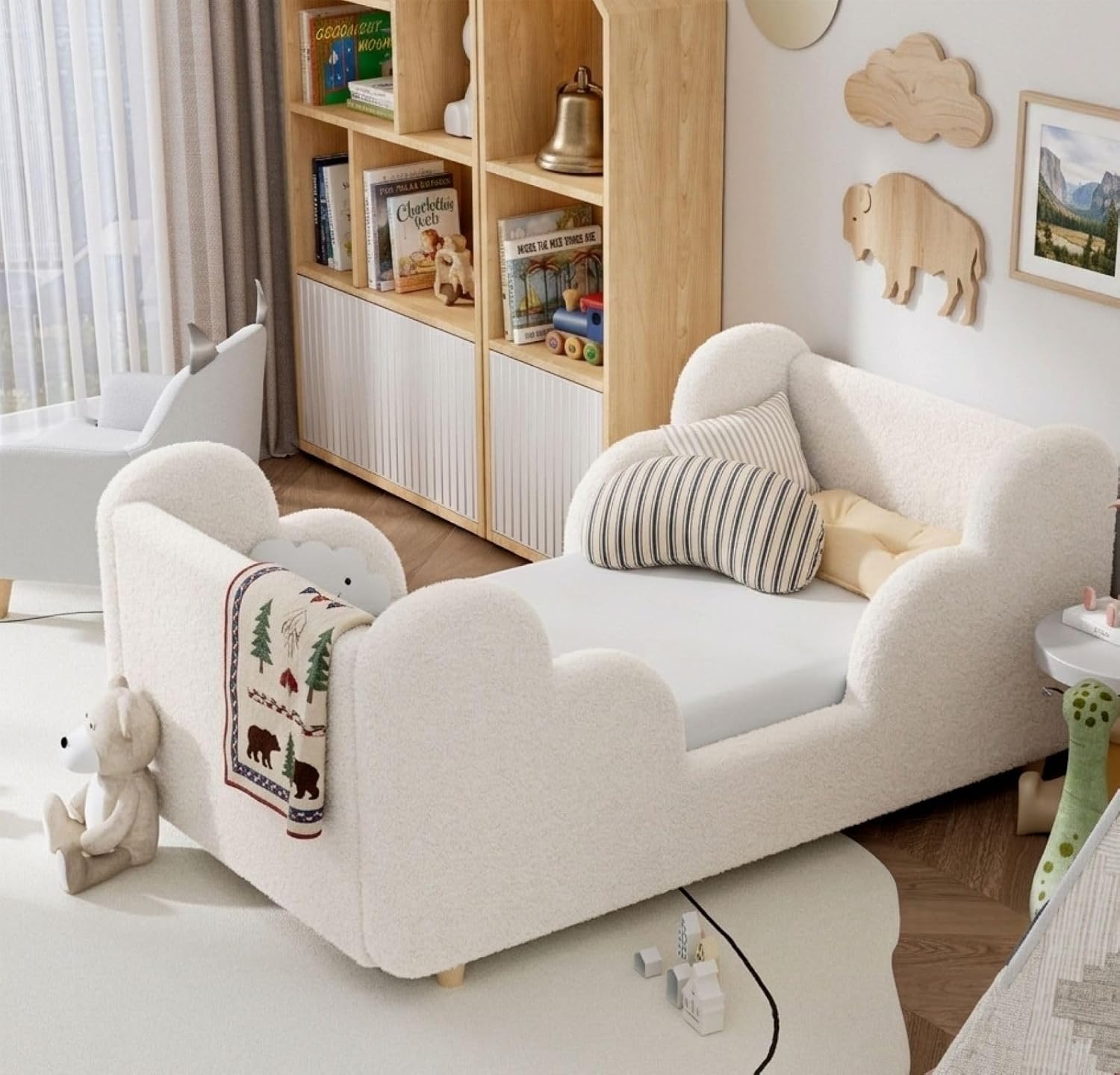 Detalle 2 de NAIZEA Toddler Floor Bed, Crib-Size Frame with Soft Cloud-Shaped Rails