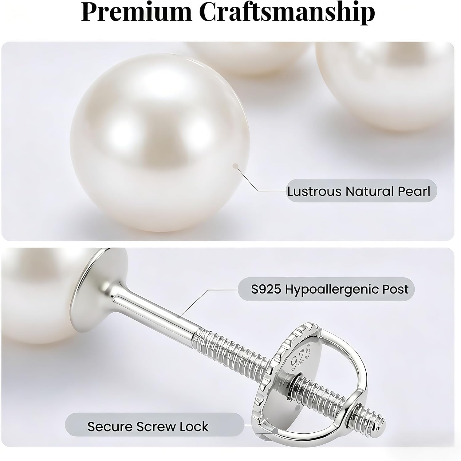 Detalle de Pearl Stud Earrings, 925 Sterling Silver