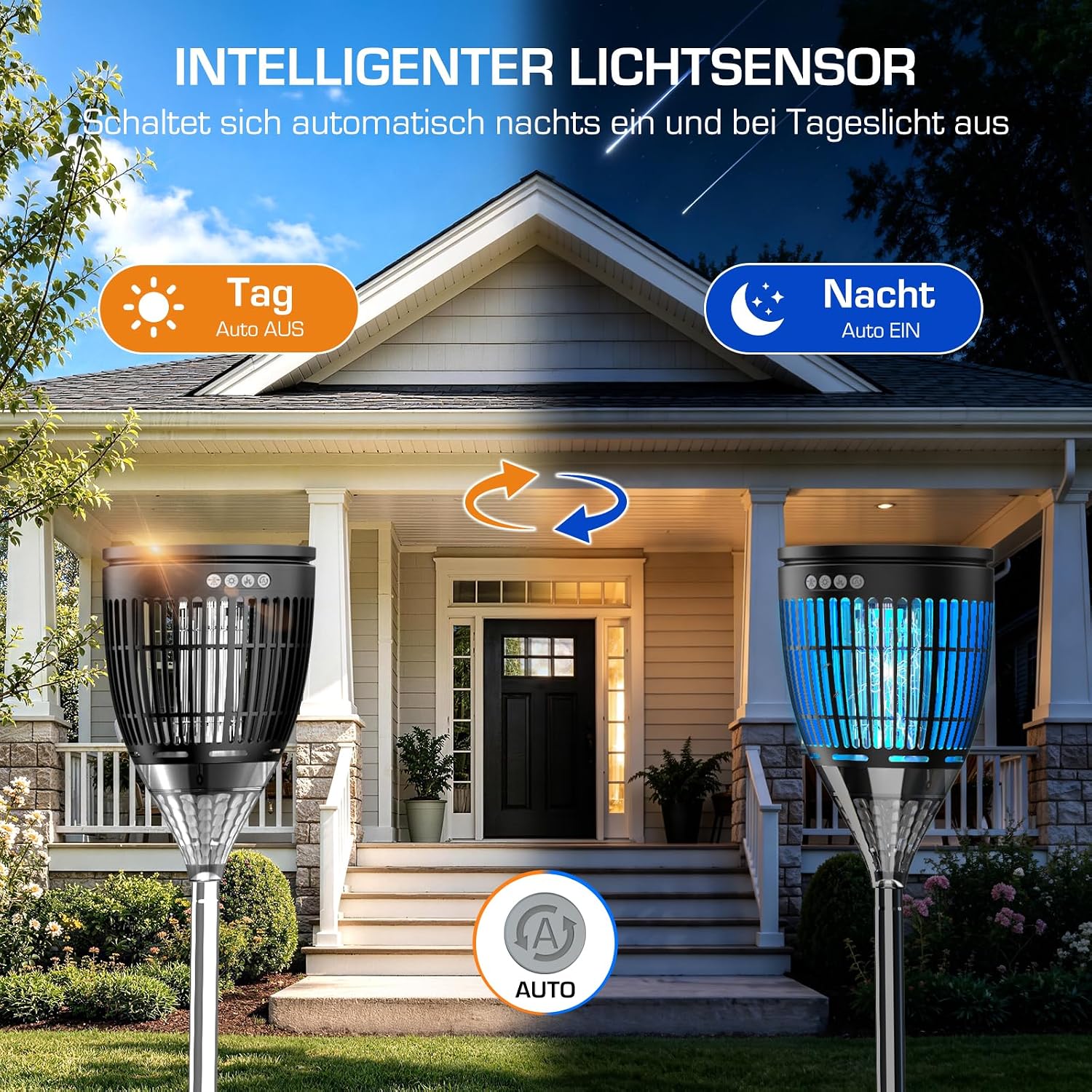Detalle 2 de Dnenellr Solar Insektenvernichter Outdoor – kabellose 4200V Mückenlampe mit IPX5, Solar & USB-C, Erdspieß