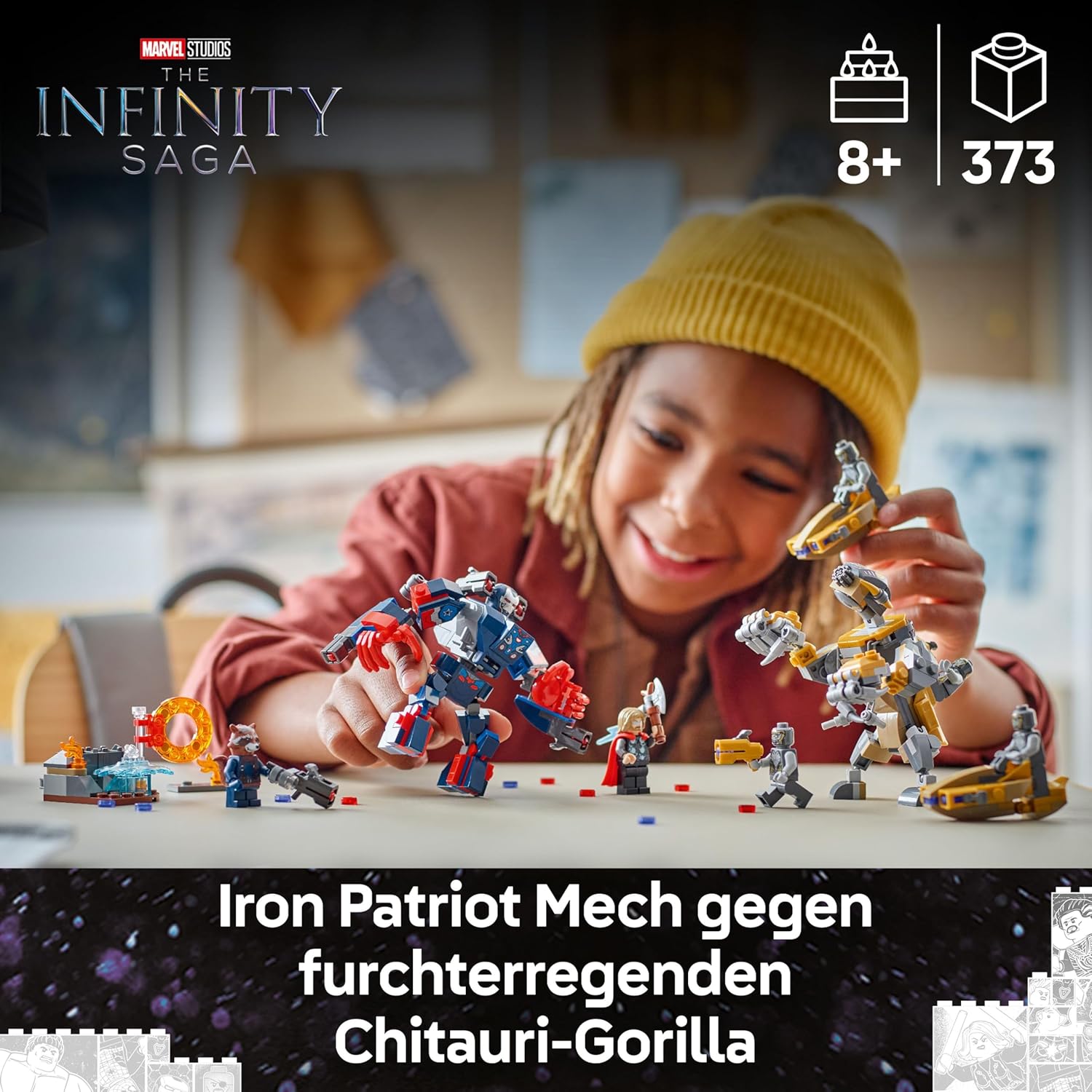 Detalle 2 de LEGO Marvel Avengers: Endgame Thor vs. Chitauri Bauset – 7 Minifiguren, Iron Patriot Mech, ab 8 Jahren (76322)