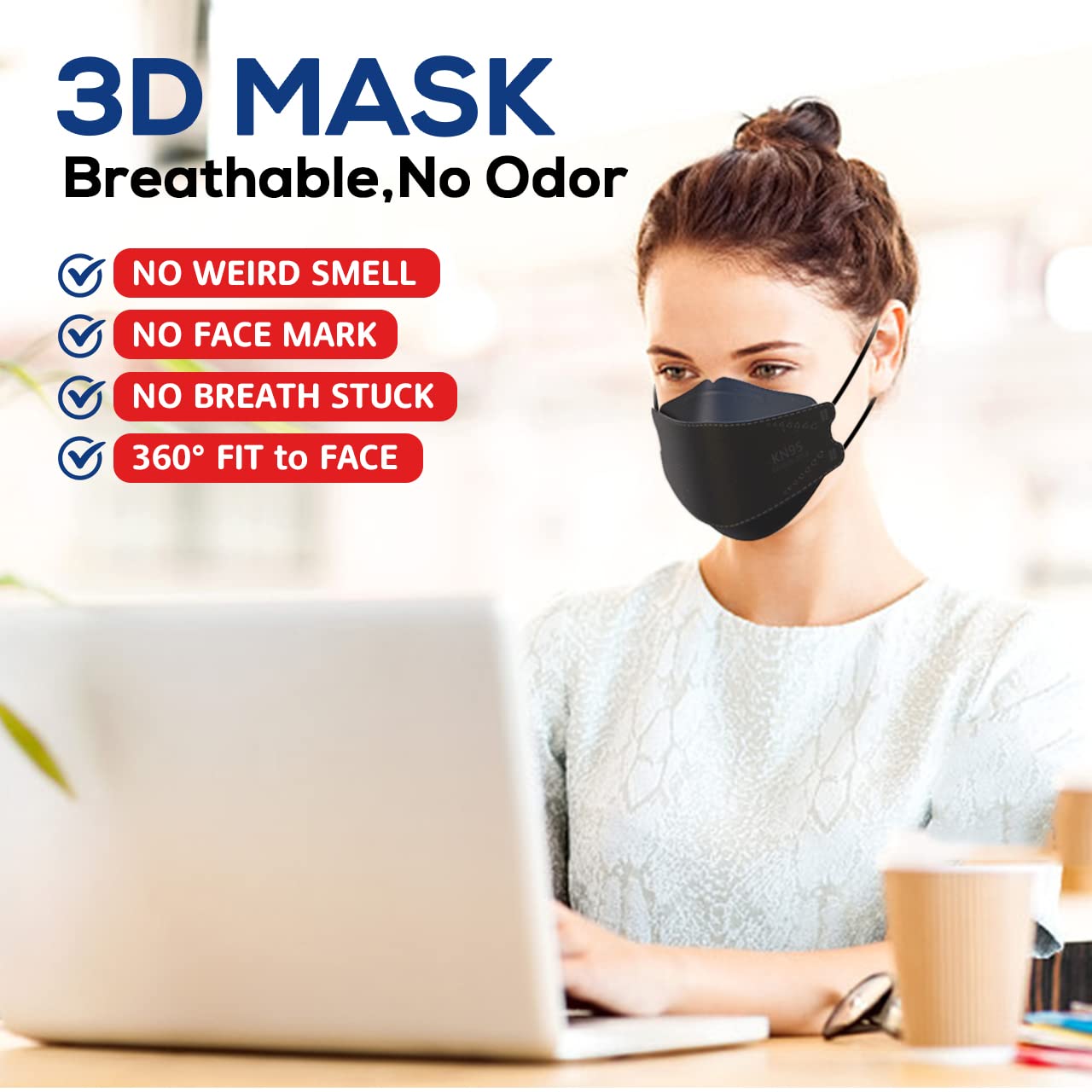Detalle 1 de LEVENIS KN95 Face Masks, Black Disposable 100-Pack with Lightweight 3D Design