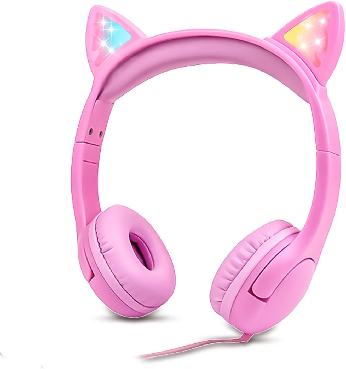 Olyre Kids Wired Headphones with Mic, LED Cat Ears (Pink) – Safe, Shared Audio for Young Learners